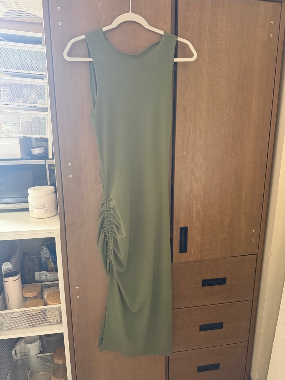 Sleeveless Olive Green Ruched Side Midi Dress